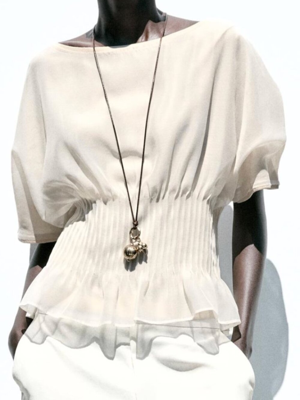ZARA NWT Ecru/White Sheer Organza w/Knit Top- Pintuck Waist - Relaxed Fit Medium